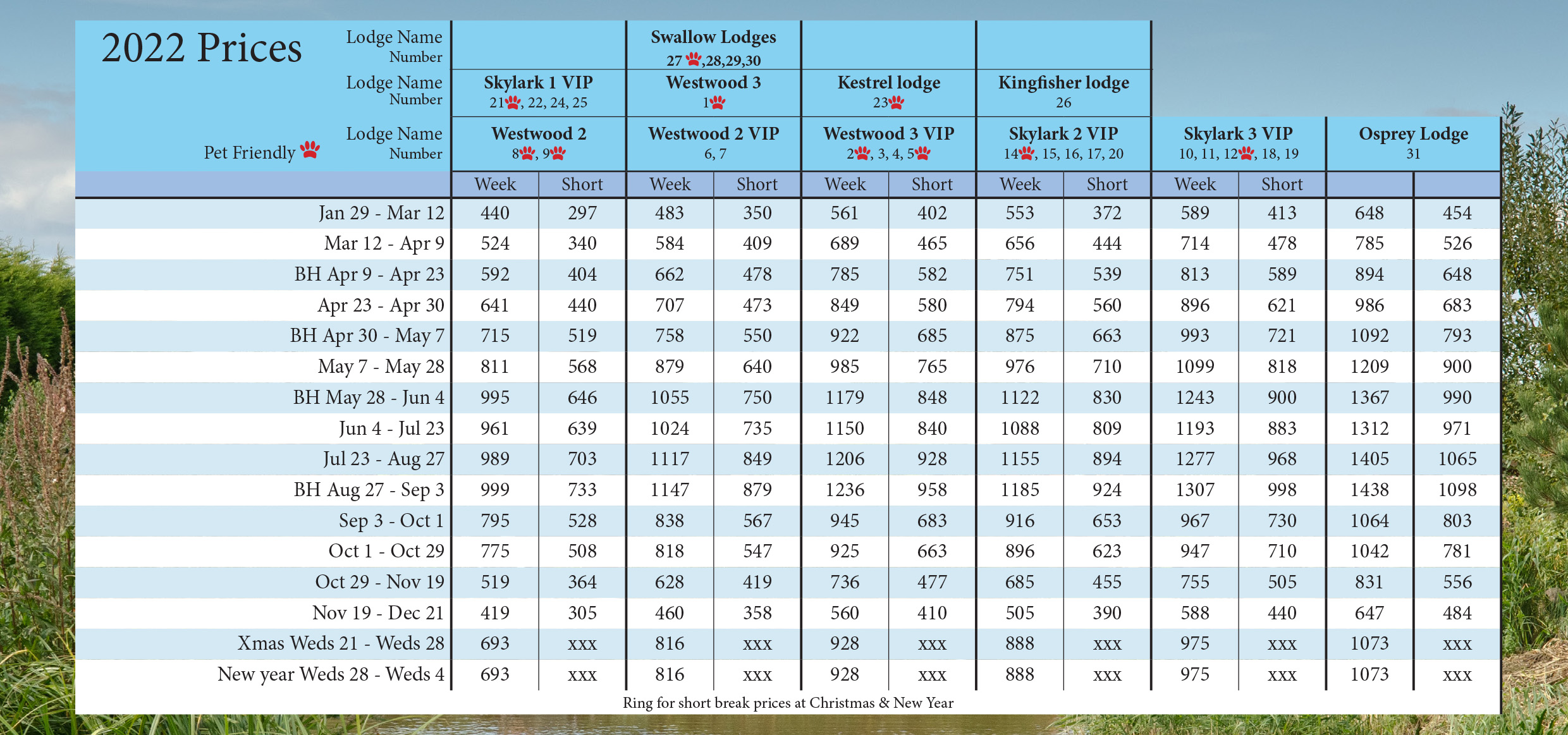 Price List Westwood Lakes