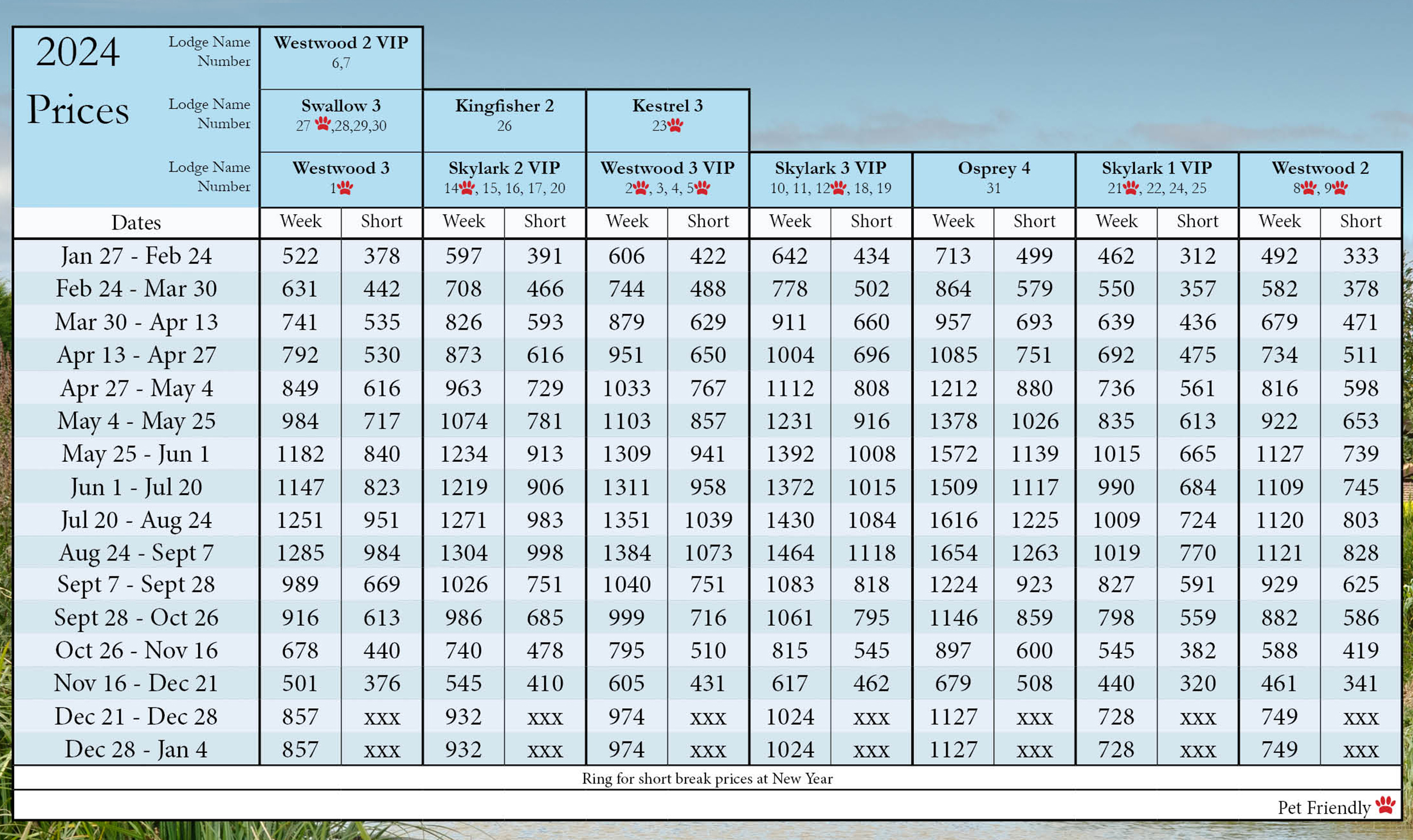 Price List Westwood Lakes